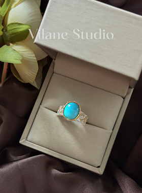 天然美松蛋面14*12意工托双色菱纹简单包边S925纯银镀18K戒指开口