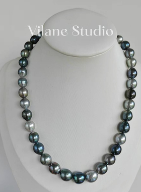 天然海水混彩油亮滑皮纯银大溪地铂金灰满珠项链