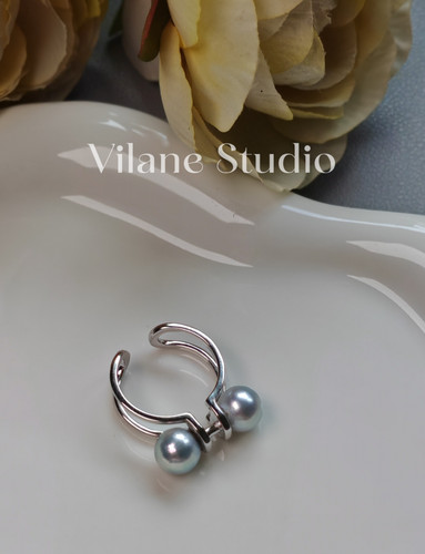 无调色大点位真多麻双珠可调节海水珍珠S925纯银开口小众个性戒指