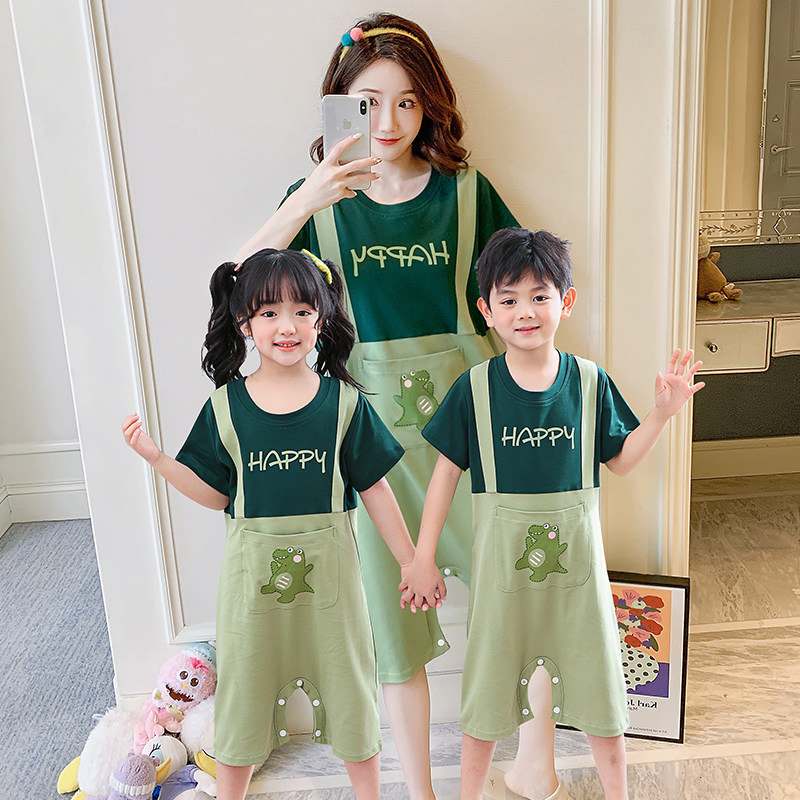 CHILDRENS ONE-PIECE PAJAMAS BOYS SHORT SLEEVES COTTON ANTI-KICK BELLY PROTECTION MOTHER AND DAUGHTER CARTOON SUMMER MIDDLE AND BIG CHILDREN GIRLS LOUNGEWEAR