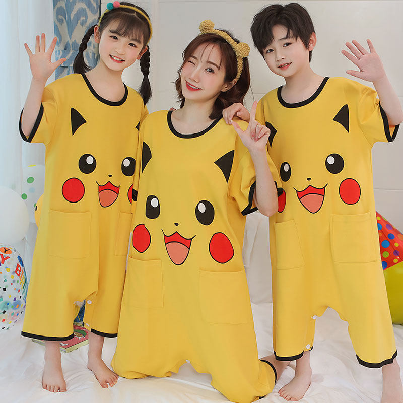 CHILDRENS ONE-PIECE PAJAMAS BOYS SHORT SLEEVES COTTON ANTI-KICK BELLY PROTECTION MOTHER AND DAUGHTER CARTOON SUMMER MIDDLE AND BIG CHILDREN GIRLS LOUNGEWEAR
