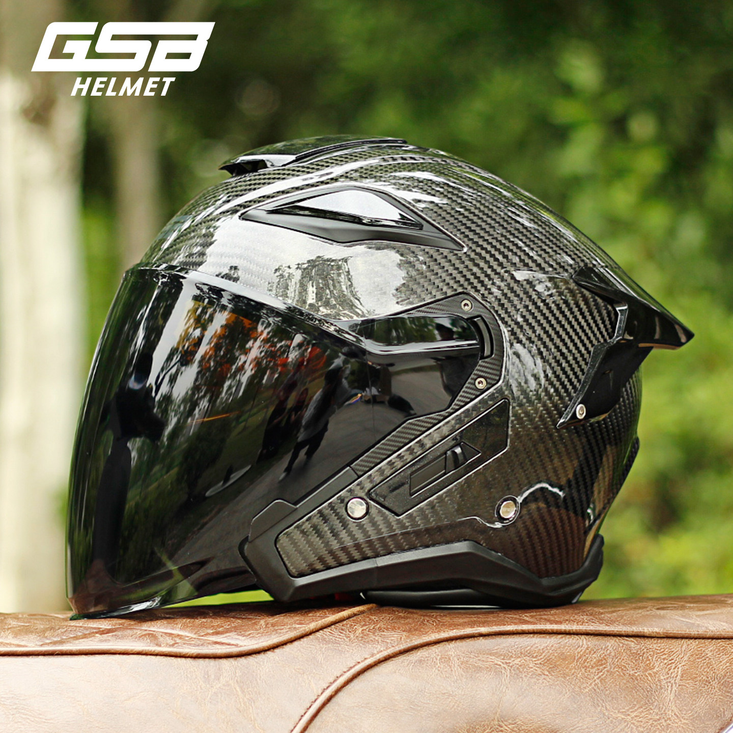 GSB摩托车头盔S278碳纤维双镜片半覆式四分之三机车摩旅半盔