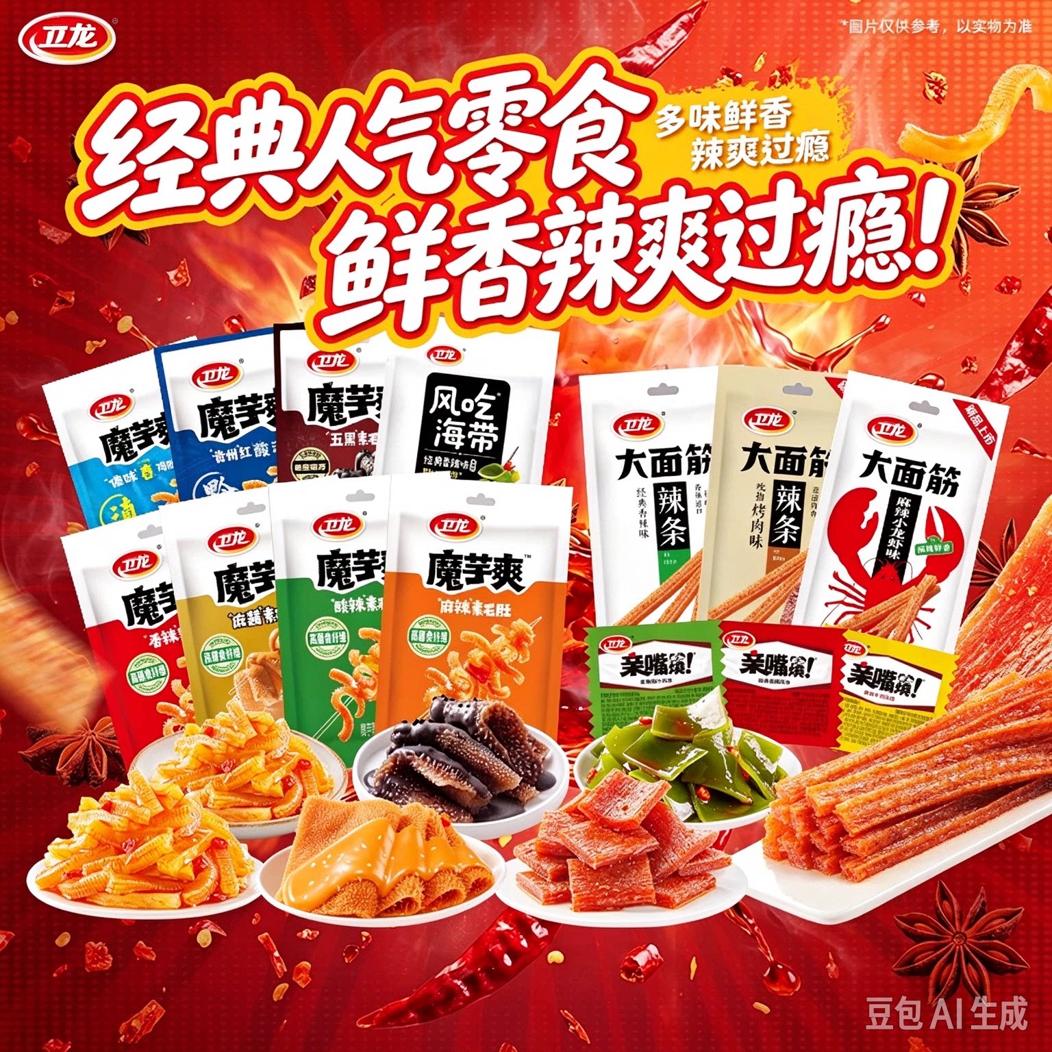 卫龙大面筋魔芋爽亲嘴烧风吃海带辣条多口味混合超大包袋装小零食