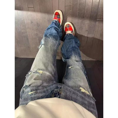 美式蓝色破洞牛仔裤男夏季薄款乞丐复古高街vibe裤子直筒微喇长裤