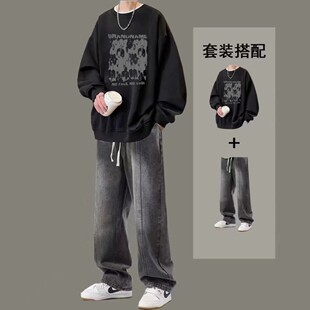 港风卫衣套装男秋冬季加绒加厚潮牌男装一套搭配帅气牛仔裤两件套