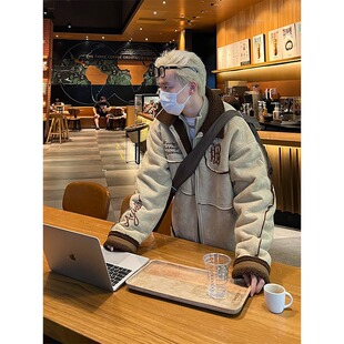 美式复古羊羔绒外套男秋冬季加绒加厚皮毛一体麂皮绒休闲夹克棉服