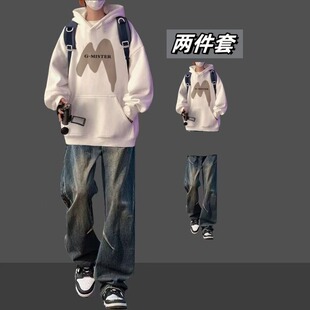 美式复古重磅加绒卫衣男生套装秋冬搭配牛仔裤痞帅两件套学生衣服