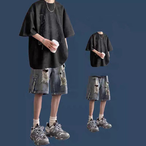 夏季纯棉T恤男短袖牛仔短裤运动套装男生学生宽松运动帅气青少年