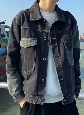 春秋季拼接撞色牛仔外套男韩版潮流帅气宽松工装夹克日系复古褂子