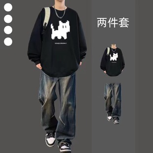 卫衣套装男生秋冬潮牌痞帅港风宽松搭配一套时尚男装牛仔裤两件套