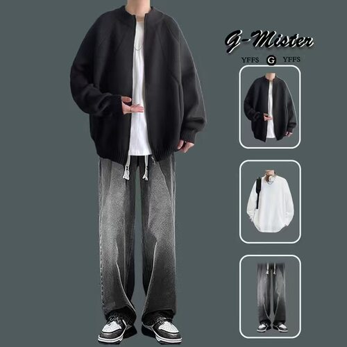 慵懒风毛衣男生帅气套装秋冬季针织衫搭配牛仔裤痞帅高级感三件套