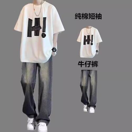 牛仔裤夏季纯棉短袖印染休闲运动套装百搭男生两件套学生青少年夏