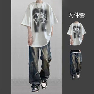 短袖夏季男士阔腿裤休闲运动套装ins潮流痞帅炸街春夏九分裤学生