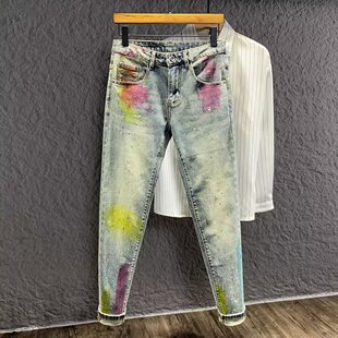 秋冬高端破洞牛仔裤男潮牌弹力时尚油漆修身小脚浅色裤子2025新款