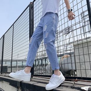 破洞九分牛仔裤男款直筒修身小脚春夏季潮流韩版百搭潮牌休闲裤子