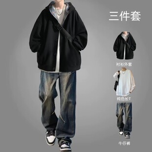 春秋季休闲男生潮流卫衣连帽外套牛仔裤一套搭配帅气三件套装潮