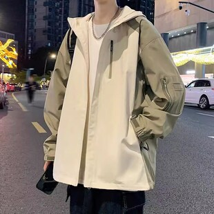 拼接连帽港风冲锋衣外套男春秋痞帅韩版潮流百搭休闲宽松学生夹克