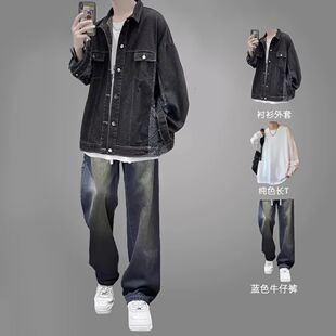 港风痞帅拼接小众风外套男款套装春秋季2025新款休闲韩版牛仔夹克