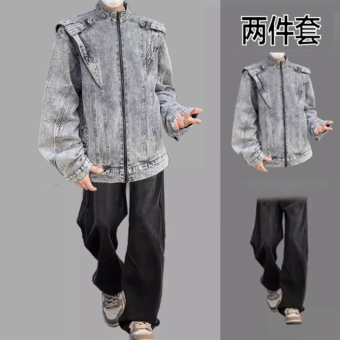 新款穿搭秋季男士休闲百搭潮流宽松痞帅牛仔夹克外套套装三件套