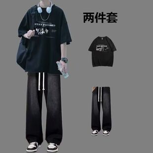 圆领短袖T恤夏季美式风休闲运动套装牛仔裤韩版宽松九分潮流百搭