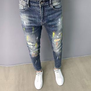 春夏新款潮流泼墨牛仔裤男士潮牌个性补丁破洞修身小脚百搭长裤子