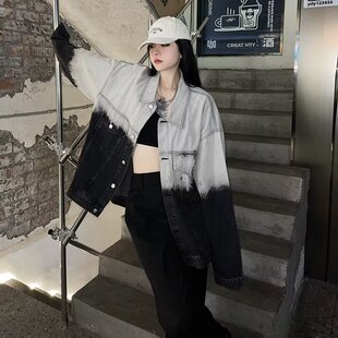 高街复古黑色渐变牛仔外套男春秋新款韩版原宿宽松扎染夹克上衣潮