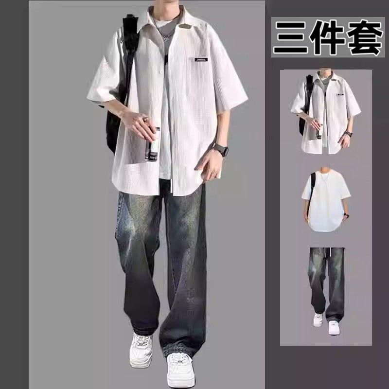 休闲运动套装短T衬衫搭配牛仔裤三件套男ins青少年宽松男士运动潮