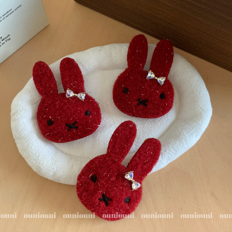 红色细闪毛呢小兔子BB夹水钻蝴蝶结发夹2026可爱儿童新年造型发卡,饰品/流行首饰/时尚饰品新,发饰,淘宝优惠券,粉丝福利购,淘宝优惠卷