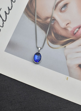 钛钢不褪色椭圆蓝色水晶吊坠项链