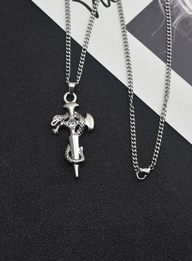 复古做旧银蛇缠绕十字架吊坠项链型男百搭长短T恤卫衣毛衣链简约