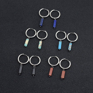 简约不锈钢圆环耳环女寿山石吊坠耳钉个性时尚百搭天然石耳夹男