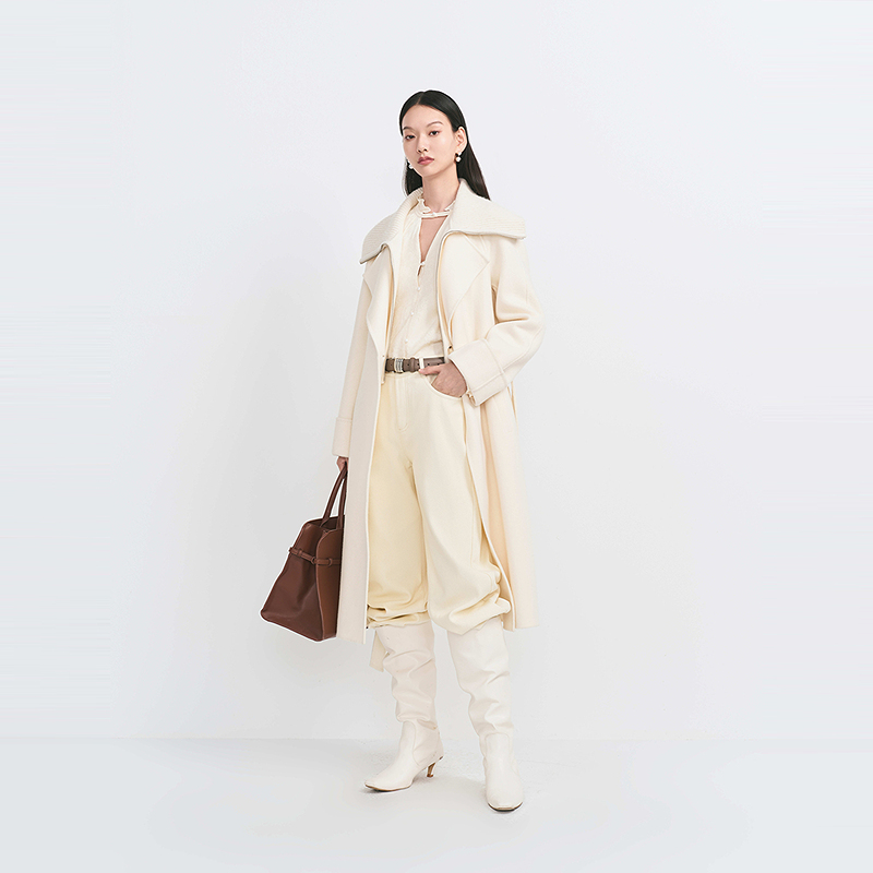 【商场同款】HPLY荷比俪冬季新款女毛织翻领拼接收腰系带大衣