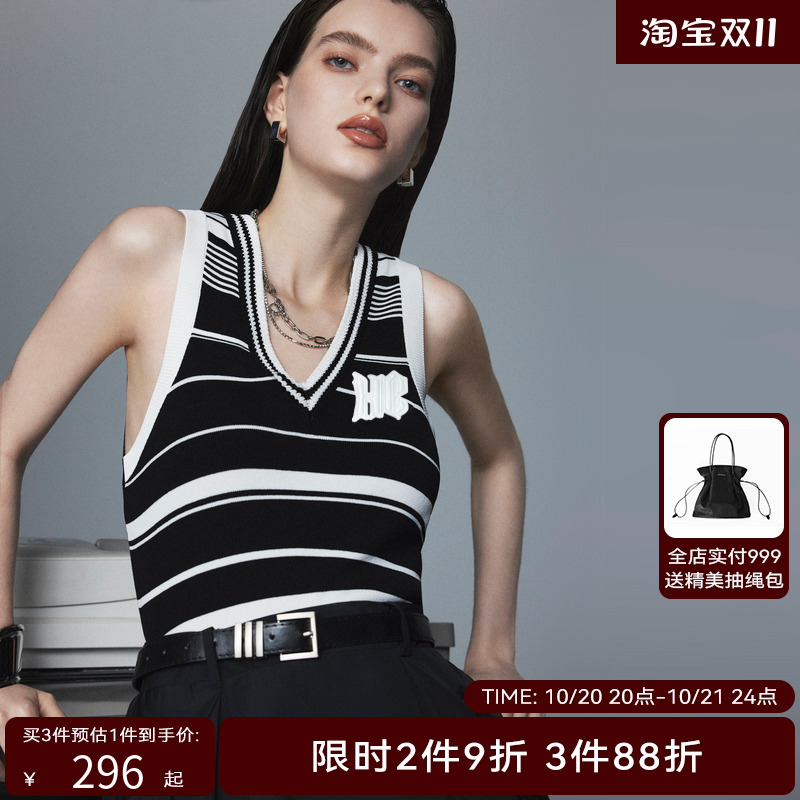H·GENTEEL荷高新秋女高街假2件无袖针织背心宝藏黑色连衣裙
