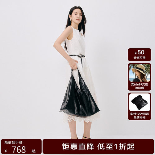 HPLY荷比俪2025秋新款女白色优雅气质无袖蕾丝连衣裙
