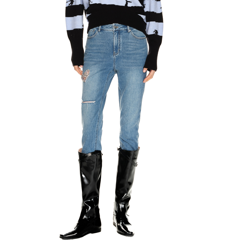 H·GENTEEL荷高年新款冬装女字母刺绣破洞高腰直筒牛仔裤