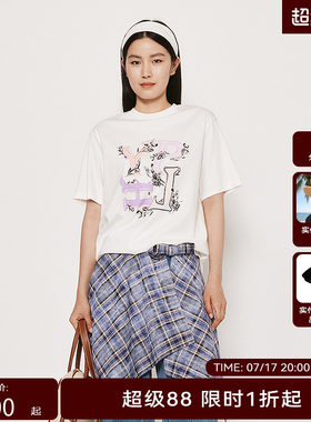 【都市漫游】HPLY荷比俪2025夏新款女圆领休闲图案通勤字母T恤