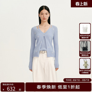 【商场同款】HPLY荷比俪春季新款女假两件烫钻条纹纯羊毛针织衫