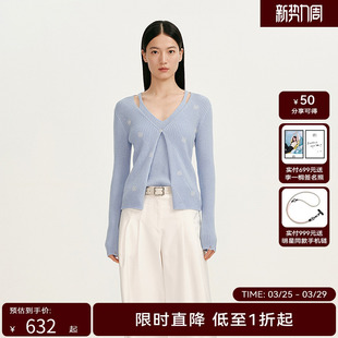 【商场同款】HPLY荷比俪春季新款女假两件烫钻条纹纯羊毛针织衫