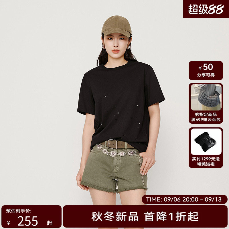 HPLY荷比俪2025秋新款女黑色圆领简约大方宽松通勤舒适T恤图片
