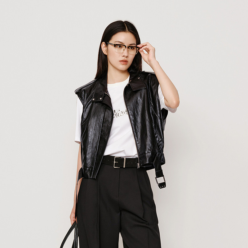 HPLY荷比俪2025秋新款女黑色皮质机车风无袖翻领腰带金属扣马甲图片