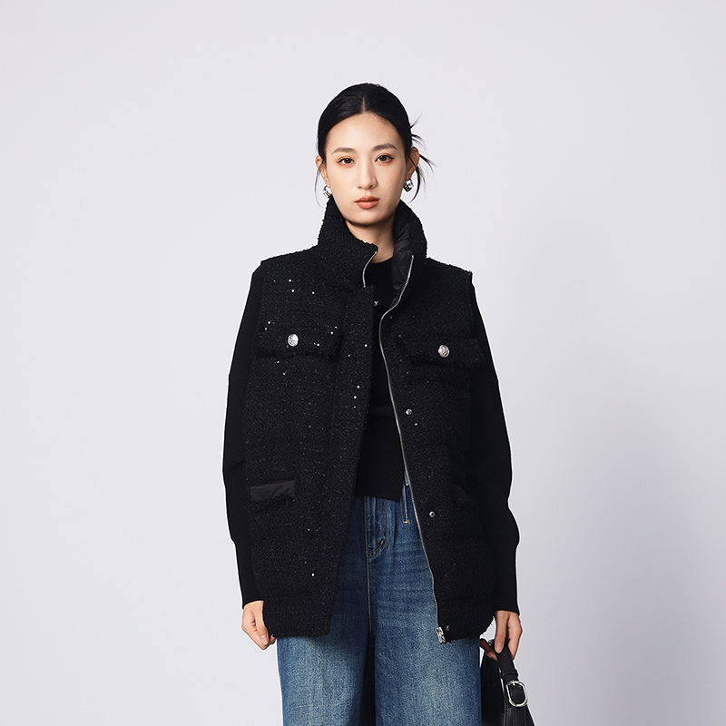 线上专享hply young荷比俪新款冬女拼接亮丝小香风宽松羽绒马甲