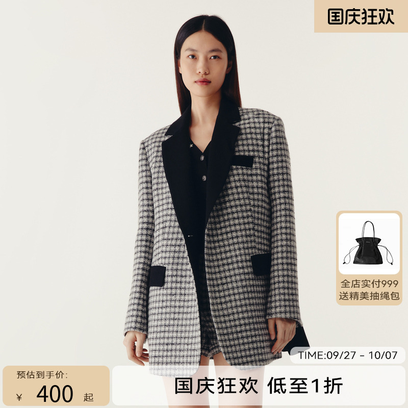 HPLY荷比俪冬季新款女气质格纹毛呢拼接外套HEC43520465