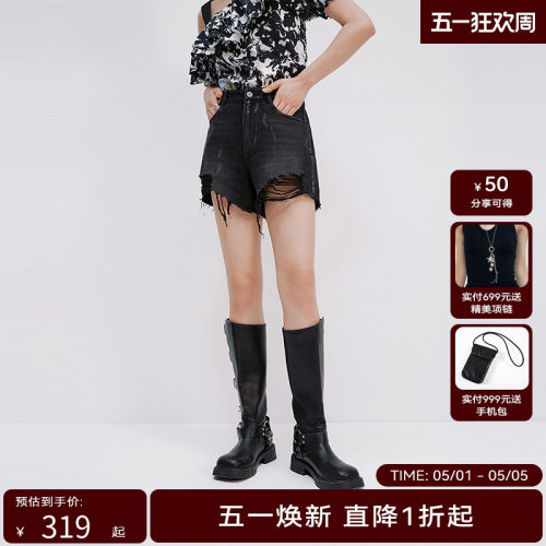 【商场同款】HPLY荷比俪2025夏新款女微宽挺阔含棉牛仔休闲短裤