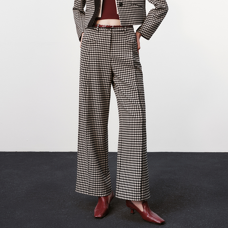 H·GENTEEL荷高新款冬装女千鸟格纹复古显瘦直筒裤GUE41410542