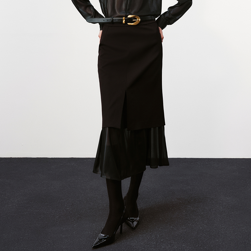 H·GENTEEL荷高新款冬装女拼接式层次感直筒半裙GUE41700603T