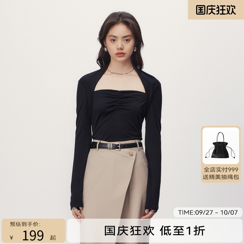 线上专享hply young秋季新款小众设计师复古抽褶挂脖气质显瘦上衣