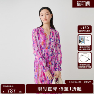 新款 HPLY荷比俪2024春季 女清新印花褶裥飘逸感连衣裙 商场同款