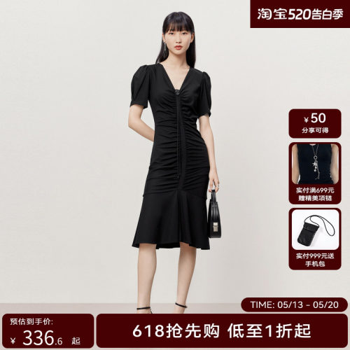 HPLY荷比俪夏季新款女V领泡泡袖抽褶连衣裙HMD26750191