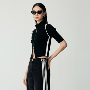 H·GENTEEL荷高新秋装女黑白撞色假两件肩部缕空个性减龄毛衫