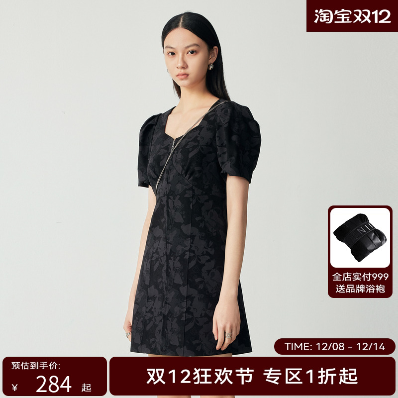 H·GENTEEL荷高新秋装女简约收腰豹纹泡泡袖连衣裙GUD34750570